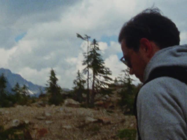 A man hiking in mountains with pine trees on a cloudy day