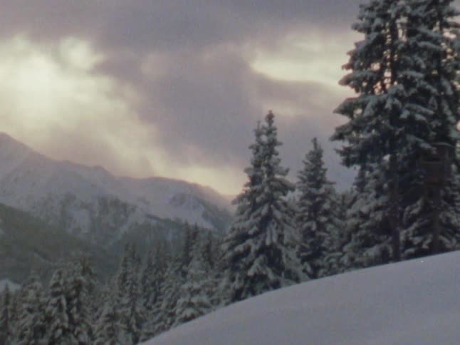 Clouds floating above pine trees in snowy mountains