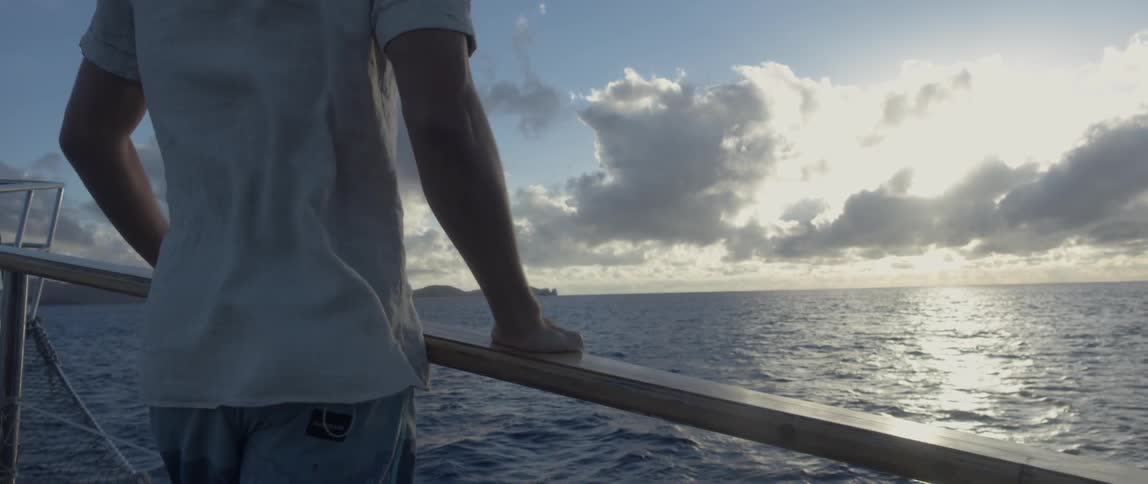 A man stands at a ship's rail with an island and the ocean in view before him