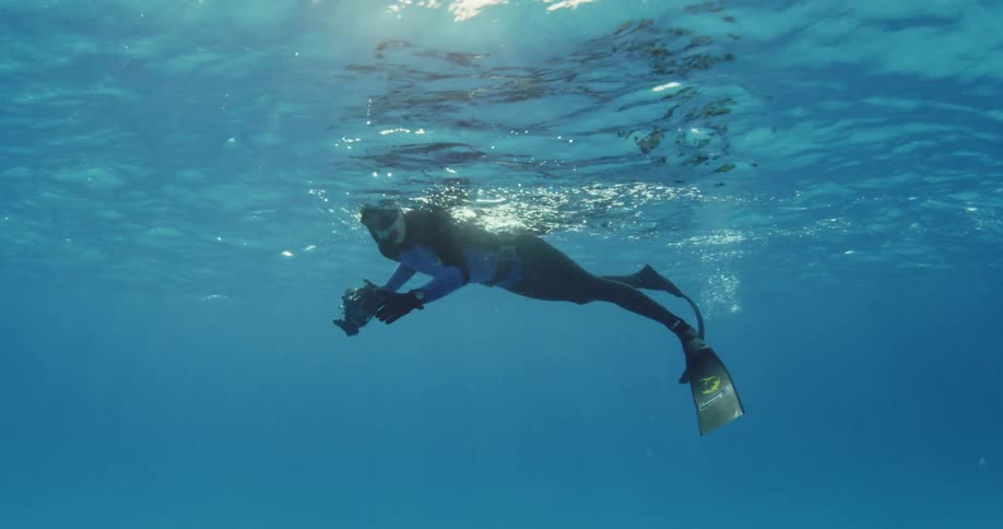 Diver with camera floating just below surface of water