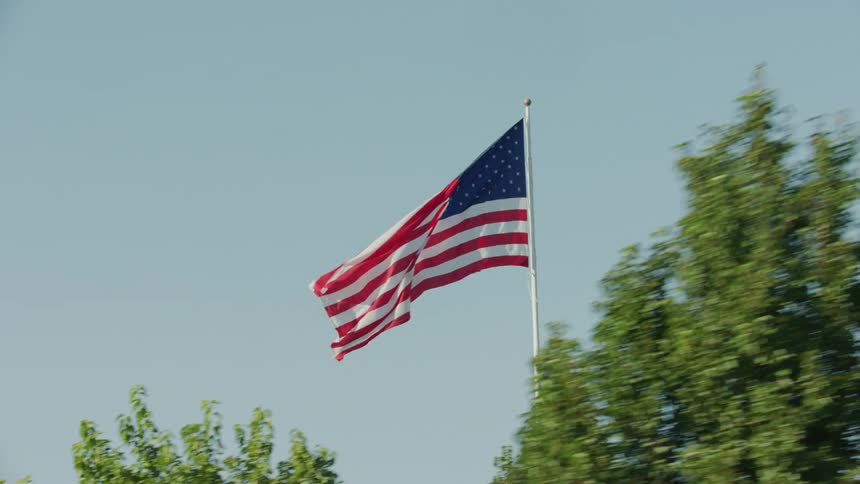 The American flag blowing in the breeze behind trees and power lines on the Fourth of July