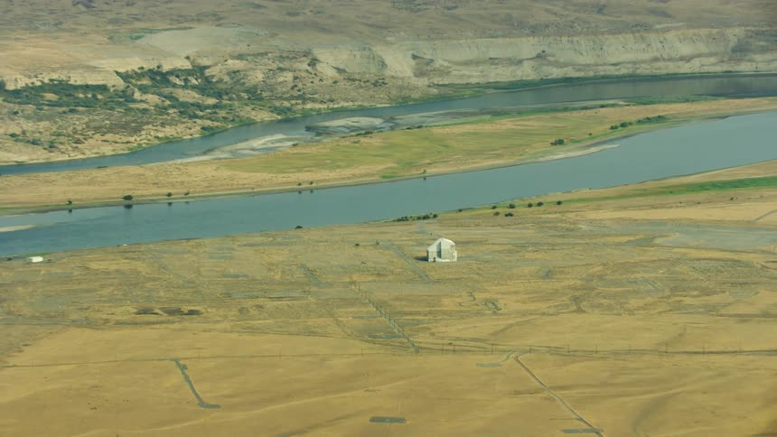 Zoom reveal of the Hanford Nuclear Facility in Washington State, USA