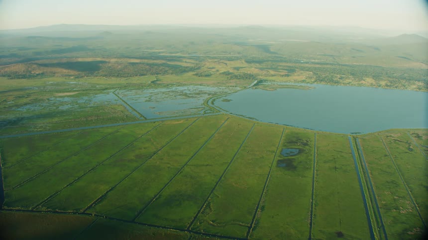 Man made canals cut into a dried lakebed near Klamath Falls, Oregon as seen from 10,000 feet