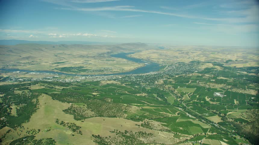 The Dalles, Oregon as seen from 10,000 feet with the Columbia River flowing past