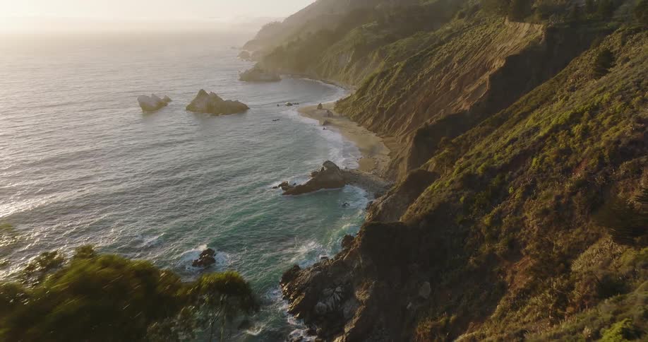 Aerial view of monterey bay at sunset