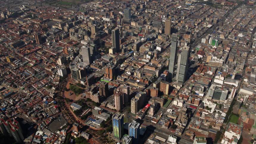 Aerial view of the tall skyscrapers on the small city downtown at daytime