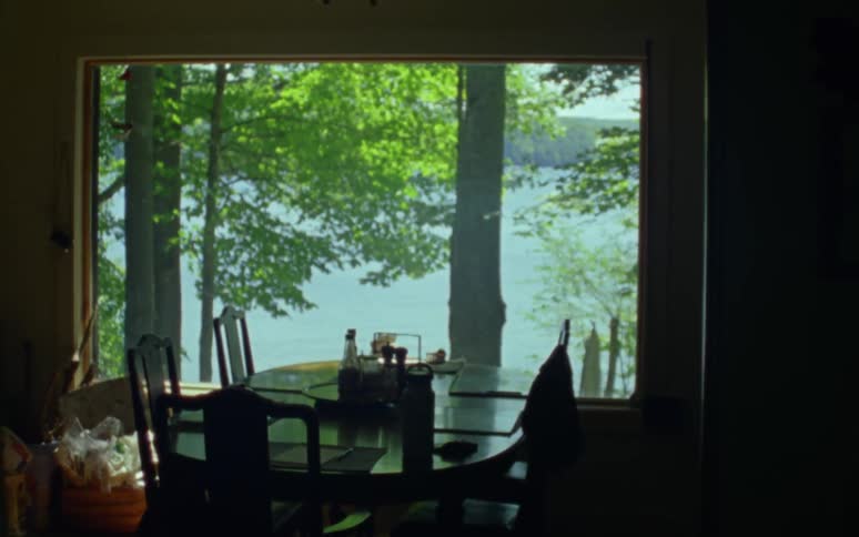 A dining room table is near large windows overlooking trees along the coast