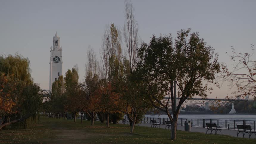 A public park next to a river with a clock tower in the distance