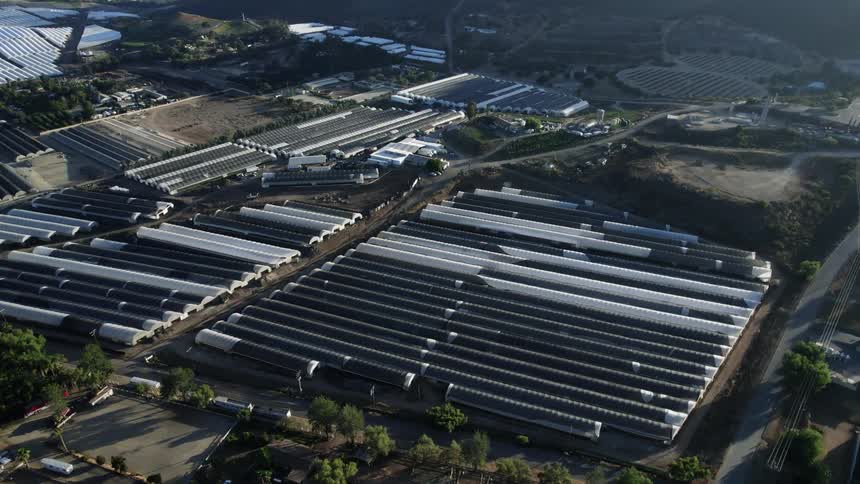 An aerial view of long industrial building