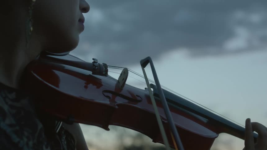 A young woman plays a violin in a grassland as the sun sets