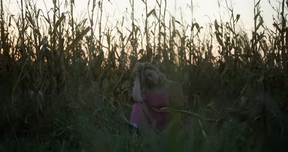 A woman is sitting in a cornfield with her hand on her head moving her long blond hair