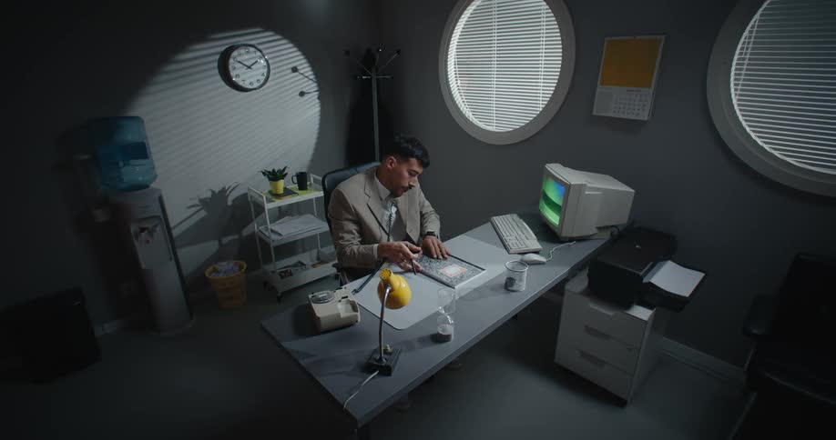 A man works on paperwork while sitting at his desk