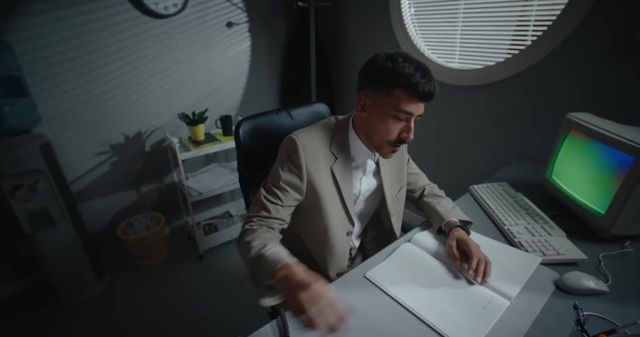 A man is talking on the phone and tears the page out of his notebook throws it
