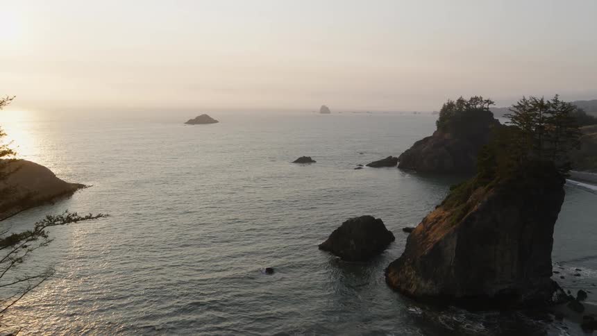 Sea stacks dot the shoreline of a beautiful secluded beach