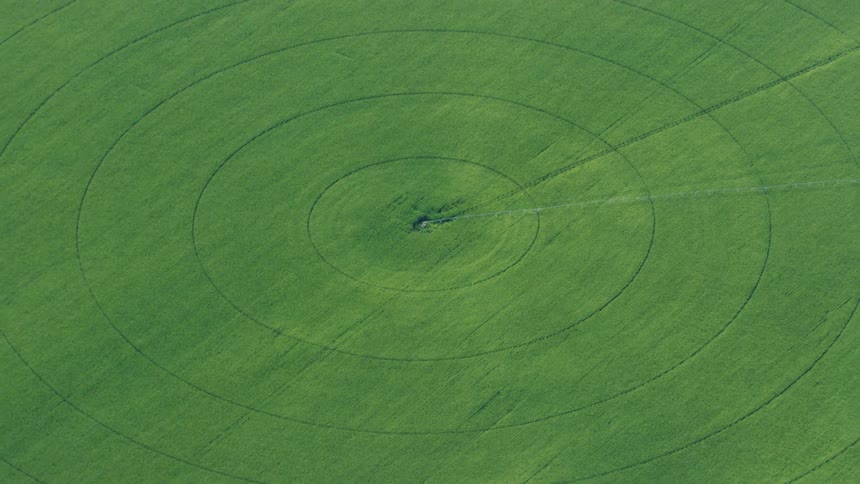 Dynamic rotating aerial revealing a round field of corn being watered by center pivot irrigation