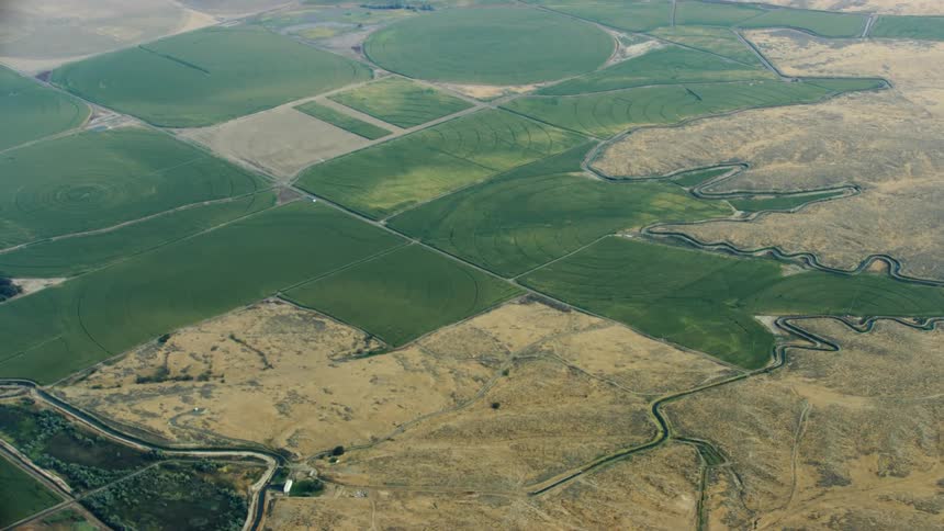 High altitude shot revealing a vast network of irrigation canals weaving through irrigated green and arid western landscape