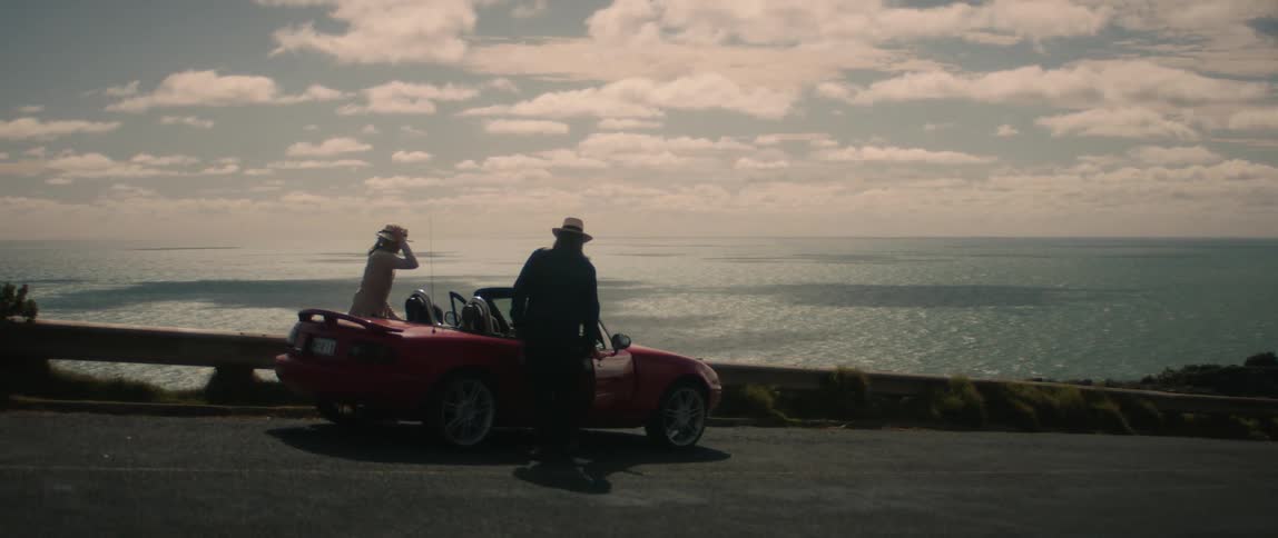 Elderly man and woman wearing hats gets in red car parked on roadside near the ocean