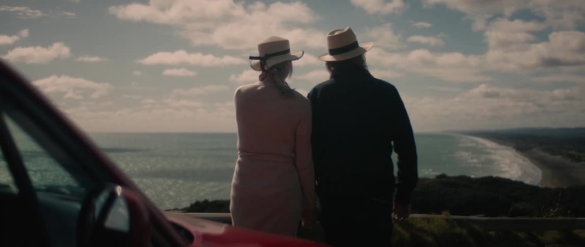 Older man and woman stand near a vehicle as they hold hands and kiss while looking out at the ocean