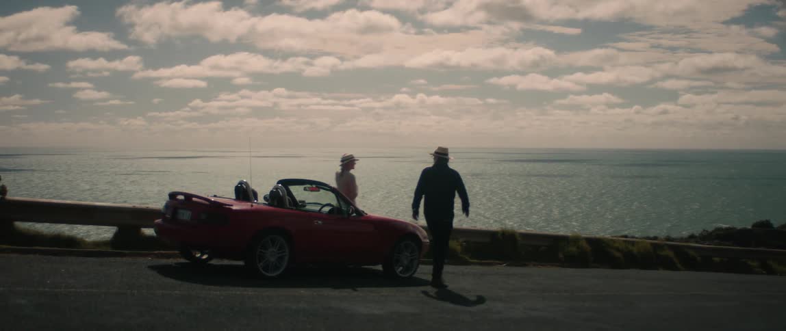 A man and woman exit their vehicle and walk get a look at the picturesque ocean