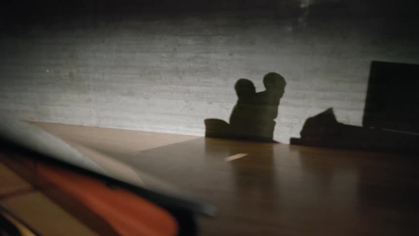 The shadow of two men can be seen with one getting up to turn a page