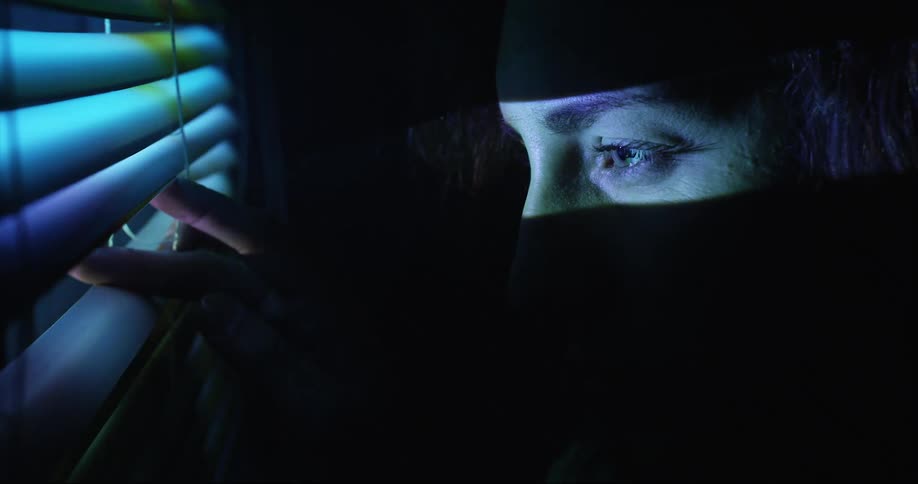 A woman opens the blinds to look at flashing lights outside
