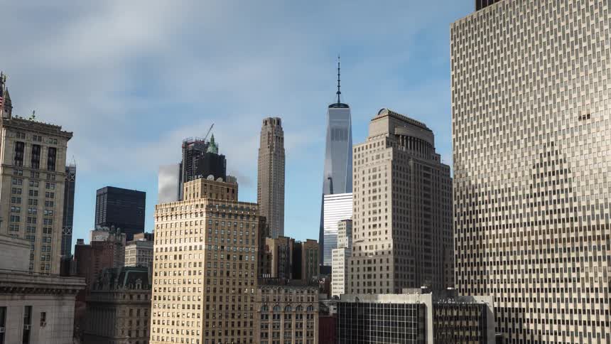 Aerial view of one world trade center and skyscrapers in lower manhattan new york city
