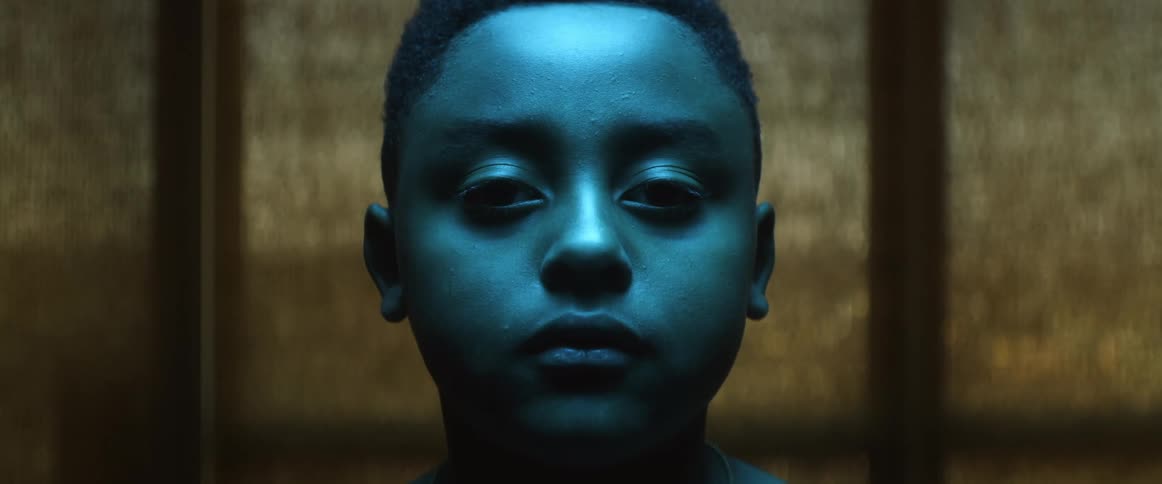 A shirtless black boy looking frontally