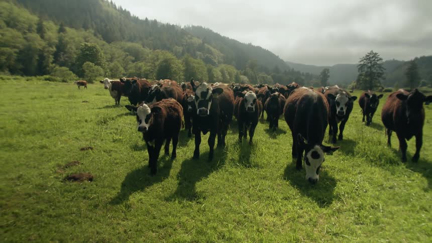 A herd of cows is seen grazing a field
