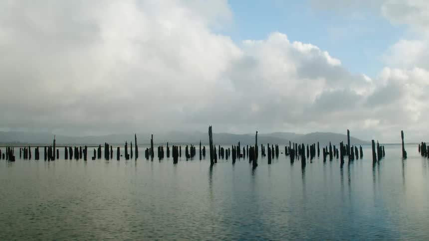 Worn wooden poles protruding out of the ocean surface in front of mountains