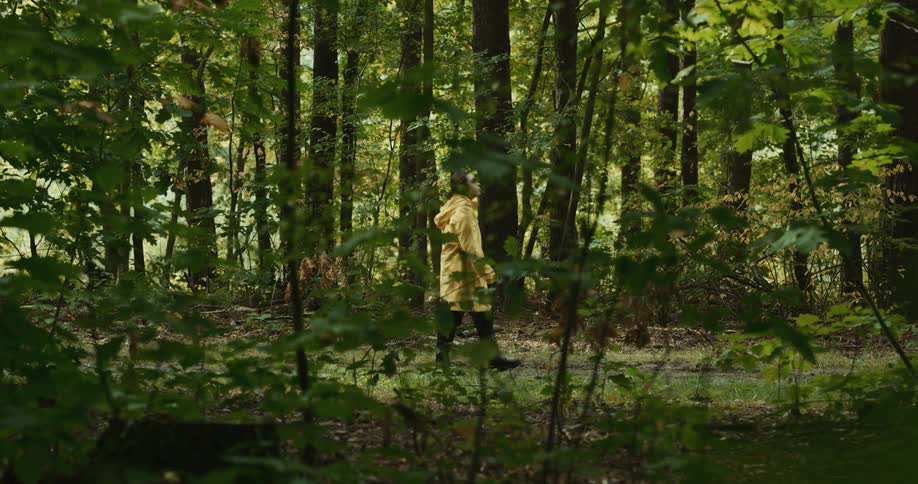 Woman wearing a bright yellow raincoat walking on the forest at daytime