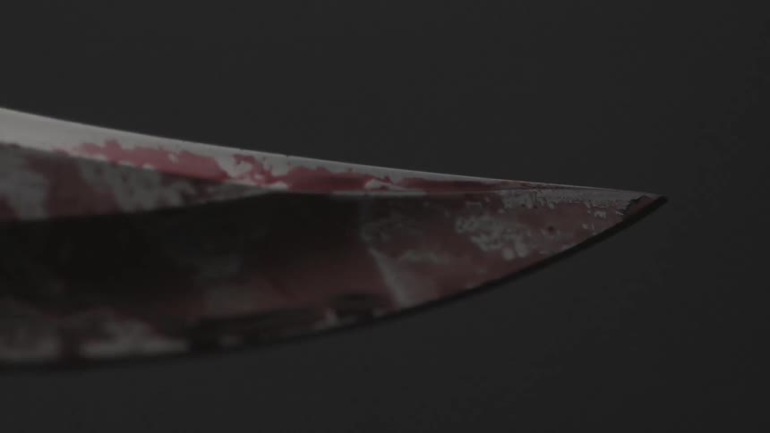 The tip of a knife with blood on it