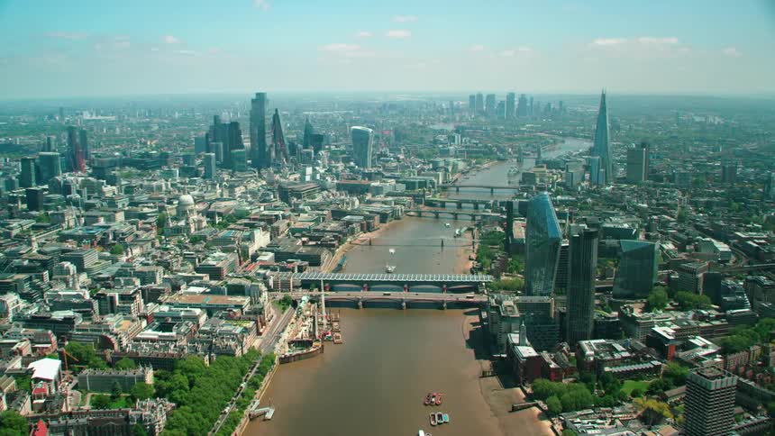 Aerial view of a downtown city is displayed during spring