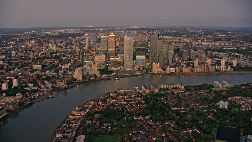 Aerial view of river thames with boats and skyline in london