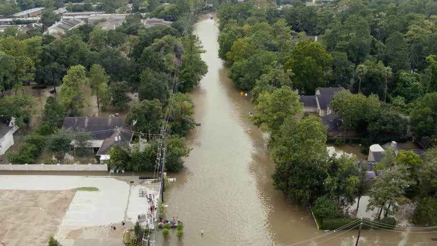 An aerial view of a flooded neighborhood