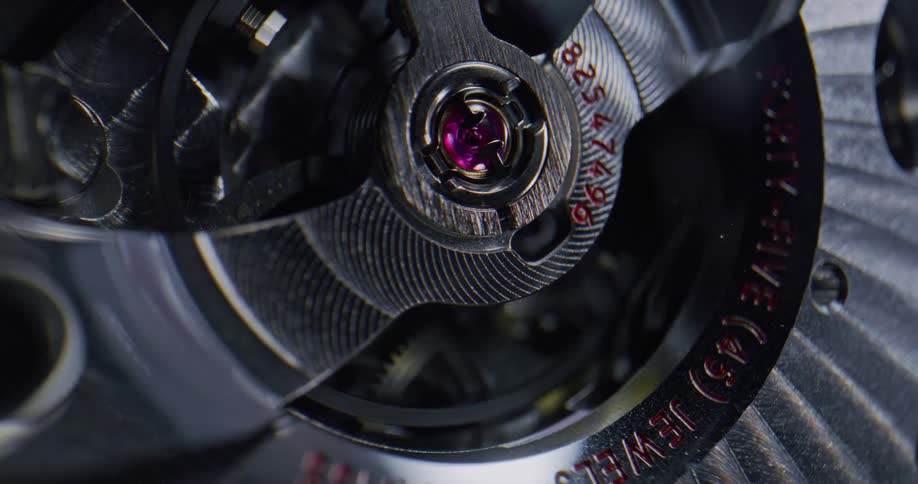 A view of a balance wheel on a watch