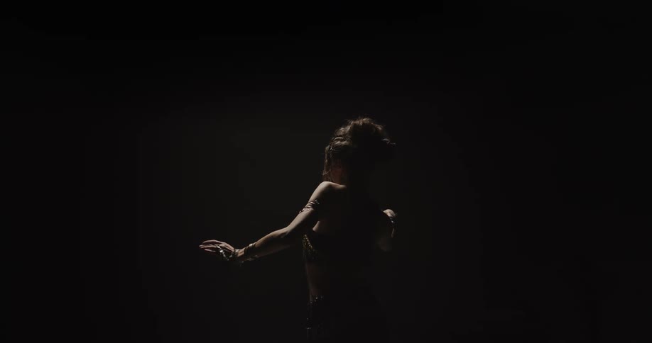 A belly dancer moves her arms while spinning around
