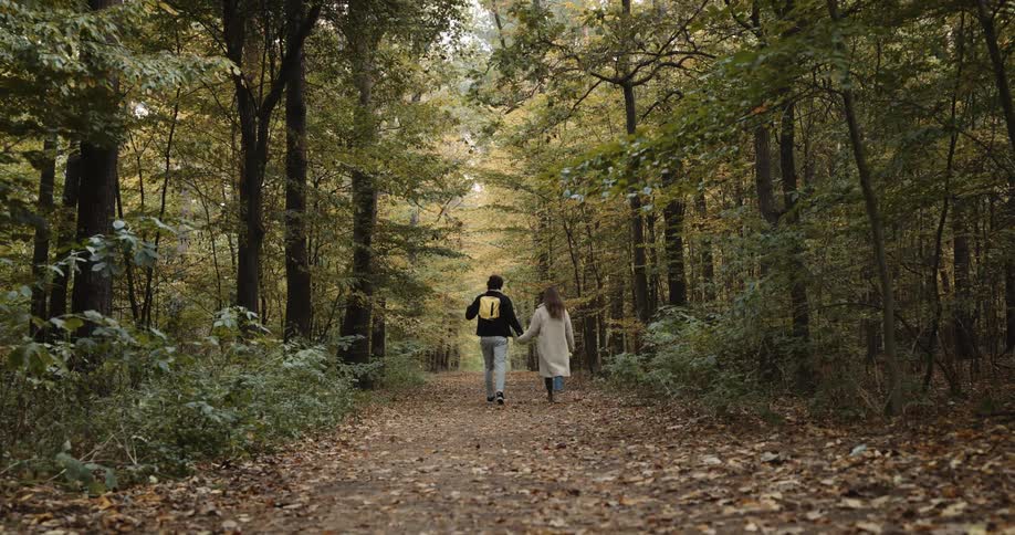 A couple hike in the forest