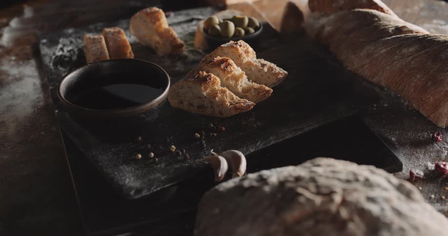 Loaves of bread are on the table display