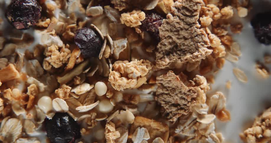 Close up view of a bowl of cereal is on display