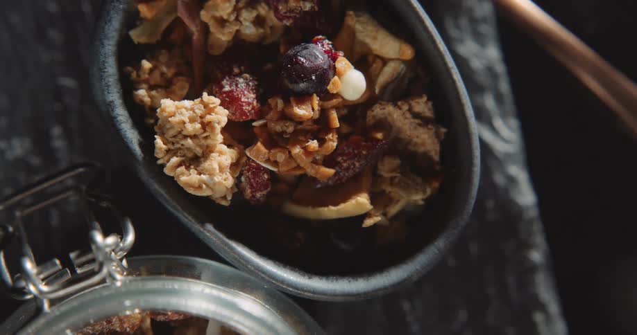 A bowl of granola on a table