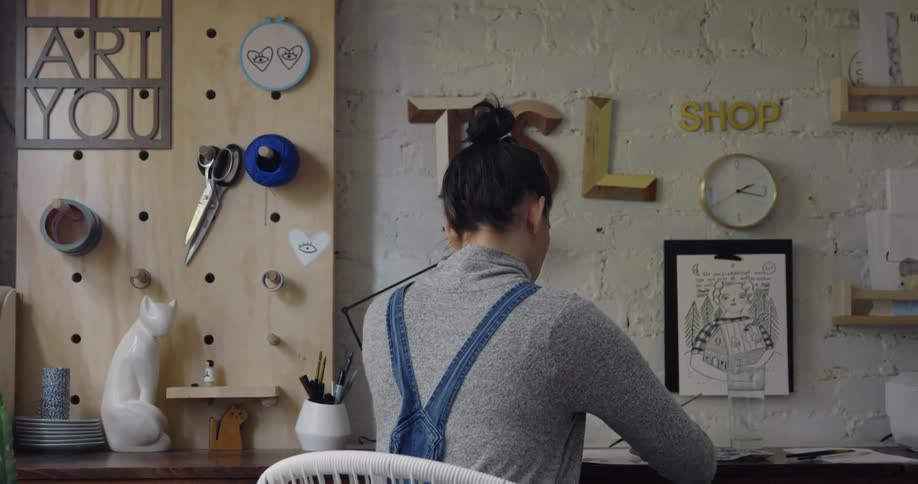 A female artist with her back facing the camera writing or drawing on her desk sitting in a white chair