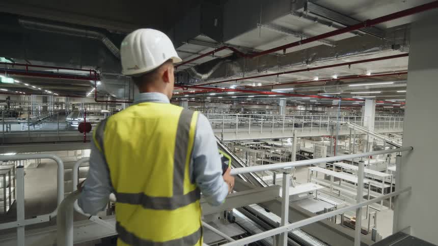 A factory worker wearing a safety vest and hardhat walks up to a railing and looks down at a fully automated warehouse