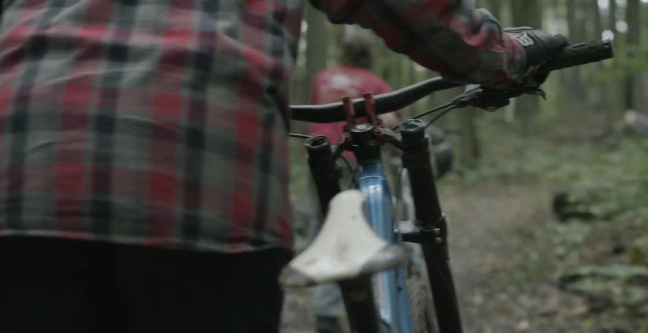 People are pushing their bicycles in the forest