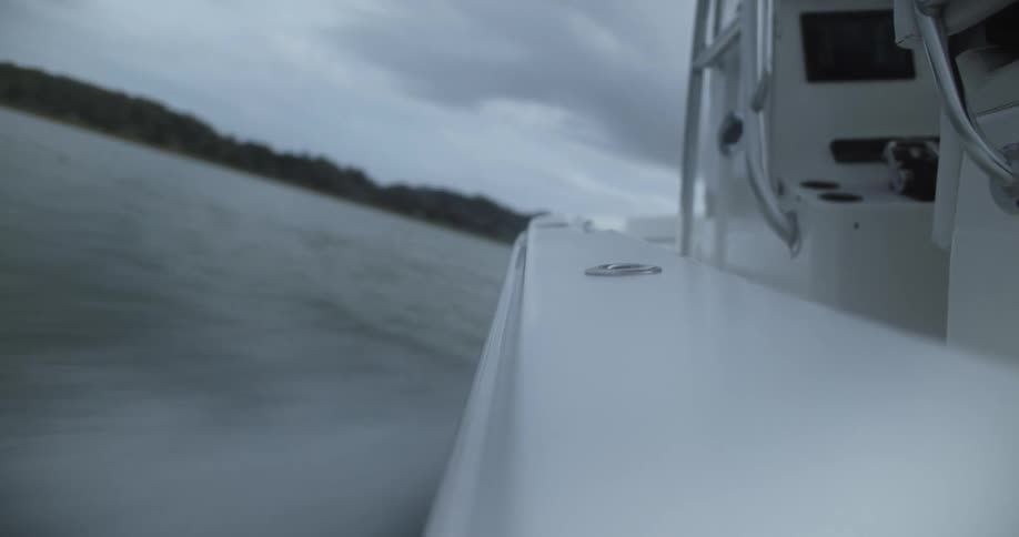 Motorboat cruises spraying water with forested shore in the distance