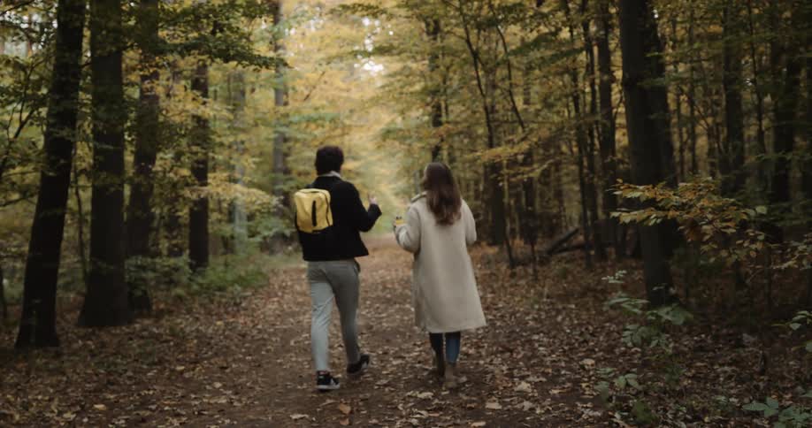A man and a woman talk and walk along the forest road