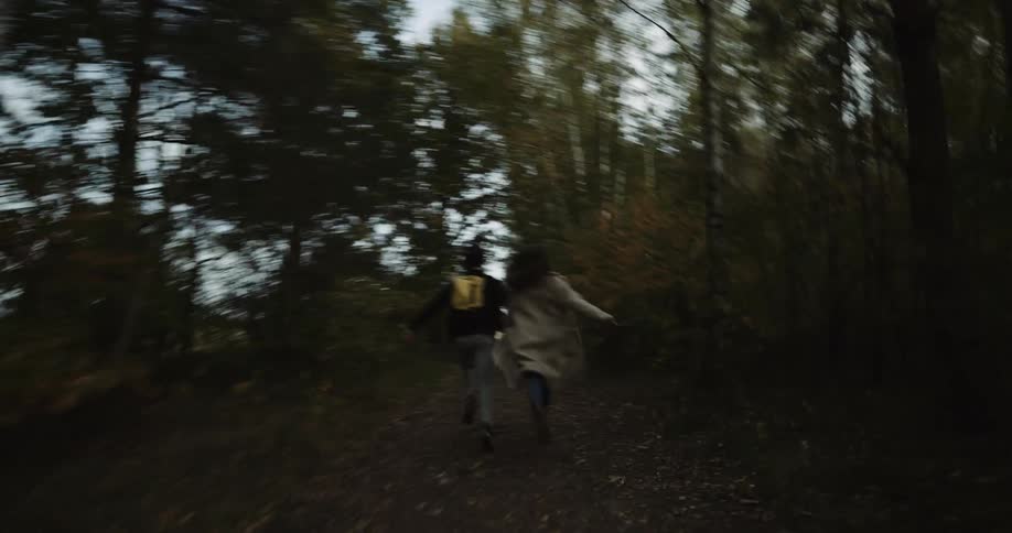 Two people run along path through woods