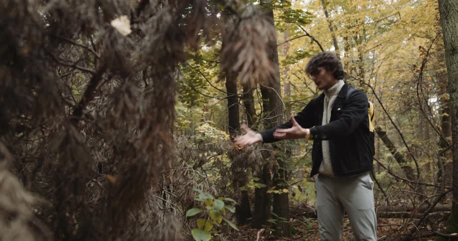 Young man standing in the forest gestures around while explaining something