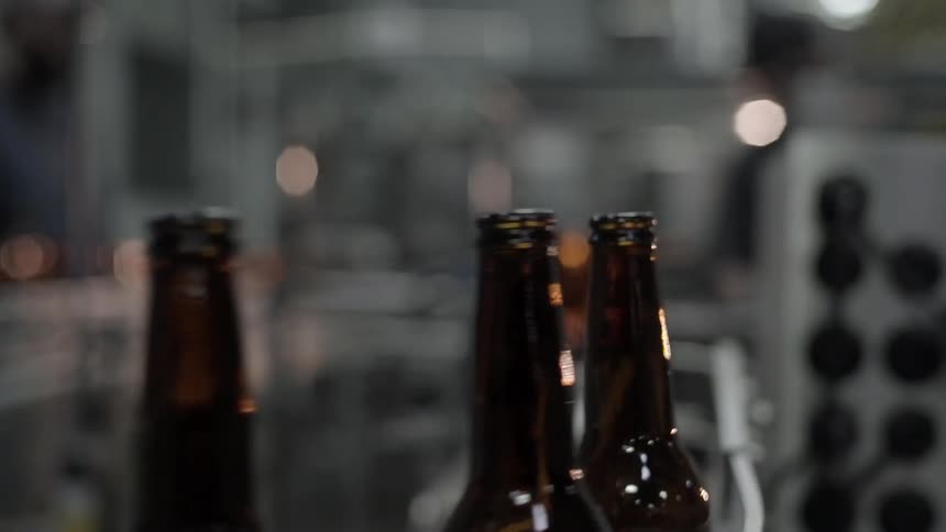 Bottles move along a conveyor belt