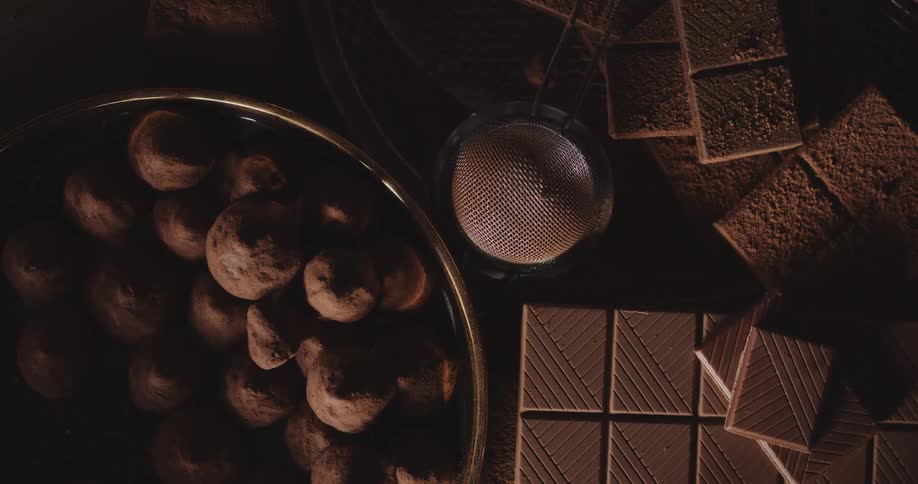 Birds eye view of chocolate on a table is displayed