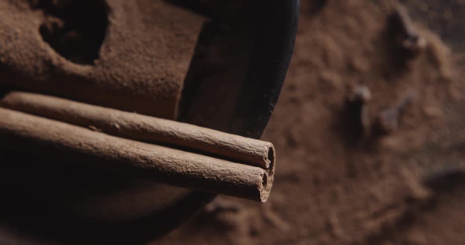 Close up of a curled stick of cinnamon surrounded by chocolate dust